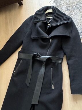 Mackage Black Wool Blend Coat with Leather Tie Belt